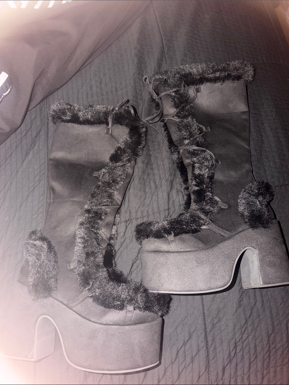 Faux Fur Trim Black Platform Knee-High Boots